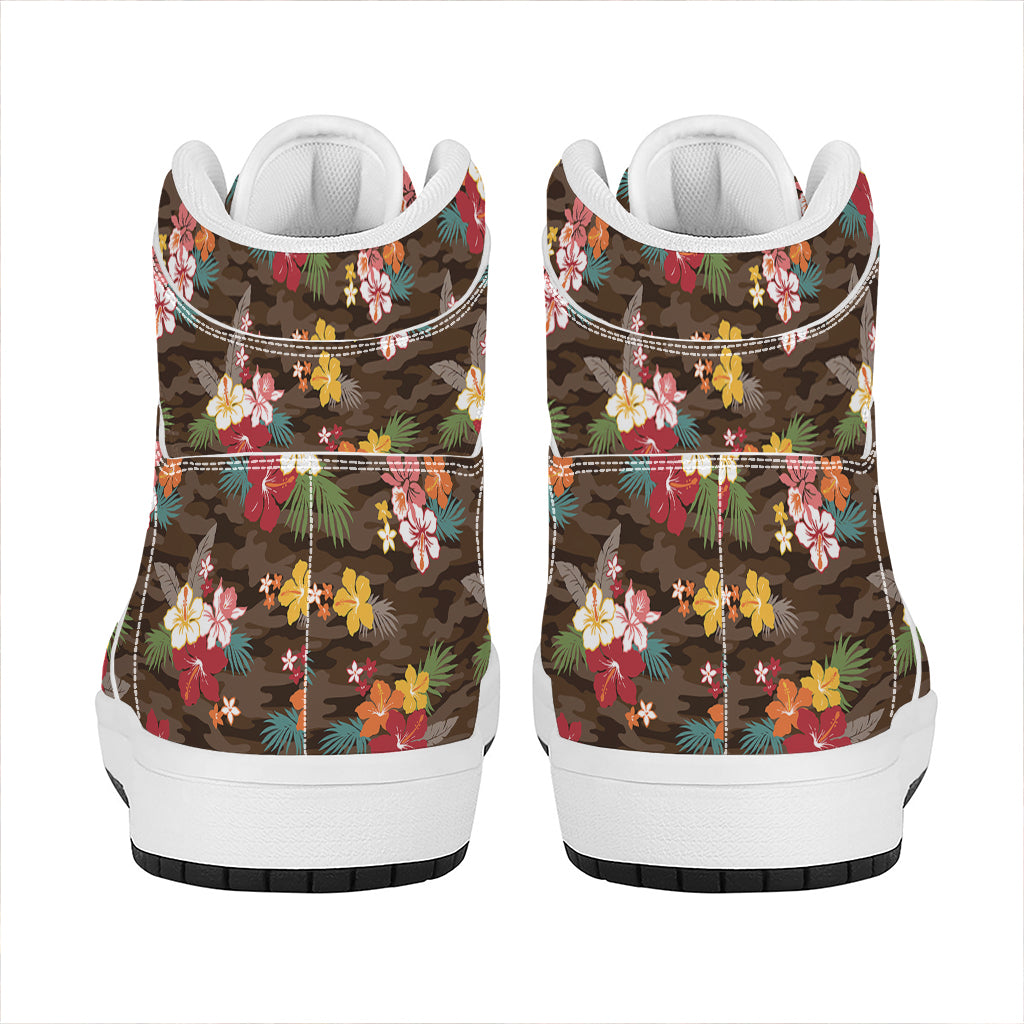 Brown Camo Hibiscus Flower Print High Top Leather Sneakers