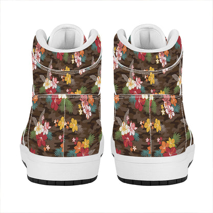 Brown Camo Hibiscus Flower Print High Top Leather Sneakers