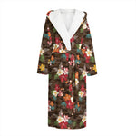 Brown Camo Hibiscus Flower Print Hooded Bathrobe