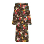 Brown Camo Hibiscus Flower Print Hooded Bathrobe