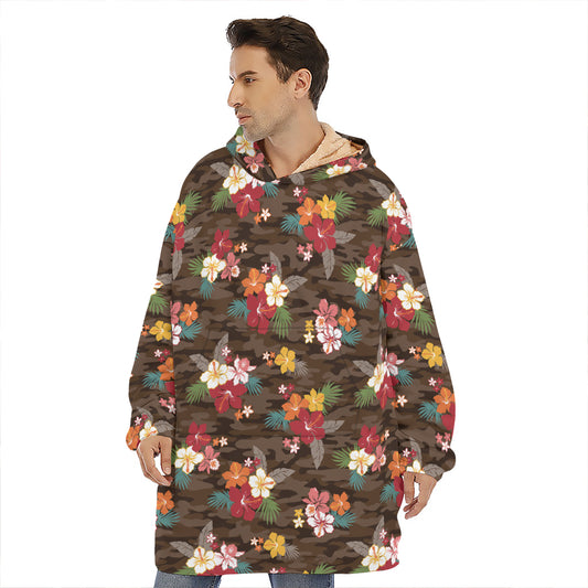 Brown Camo Hibiscus Flower Print Hoodie Blanket