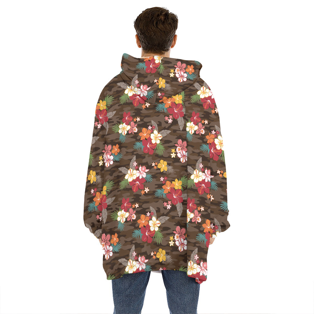 Brown Camo Hibiscus Flower Print Hoodie Blanket