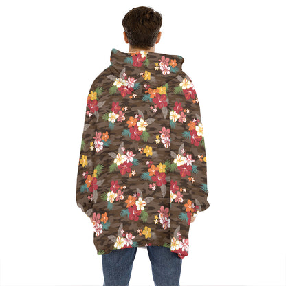 Brown Camo Hibiscus Flower Print Hoodie Blanket