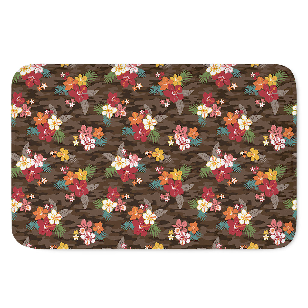 Brown Camo Hibiscus Flower Print Indoor Door Mat
