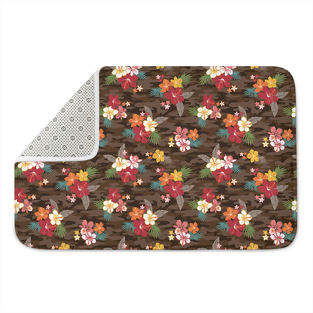 Brown Camo Hibiscus Flower Print Indoor Door Mat