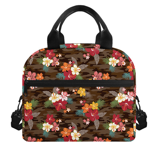 Brown Camo Hibiscus Flower Print Insulated Lunch Bag