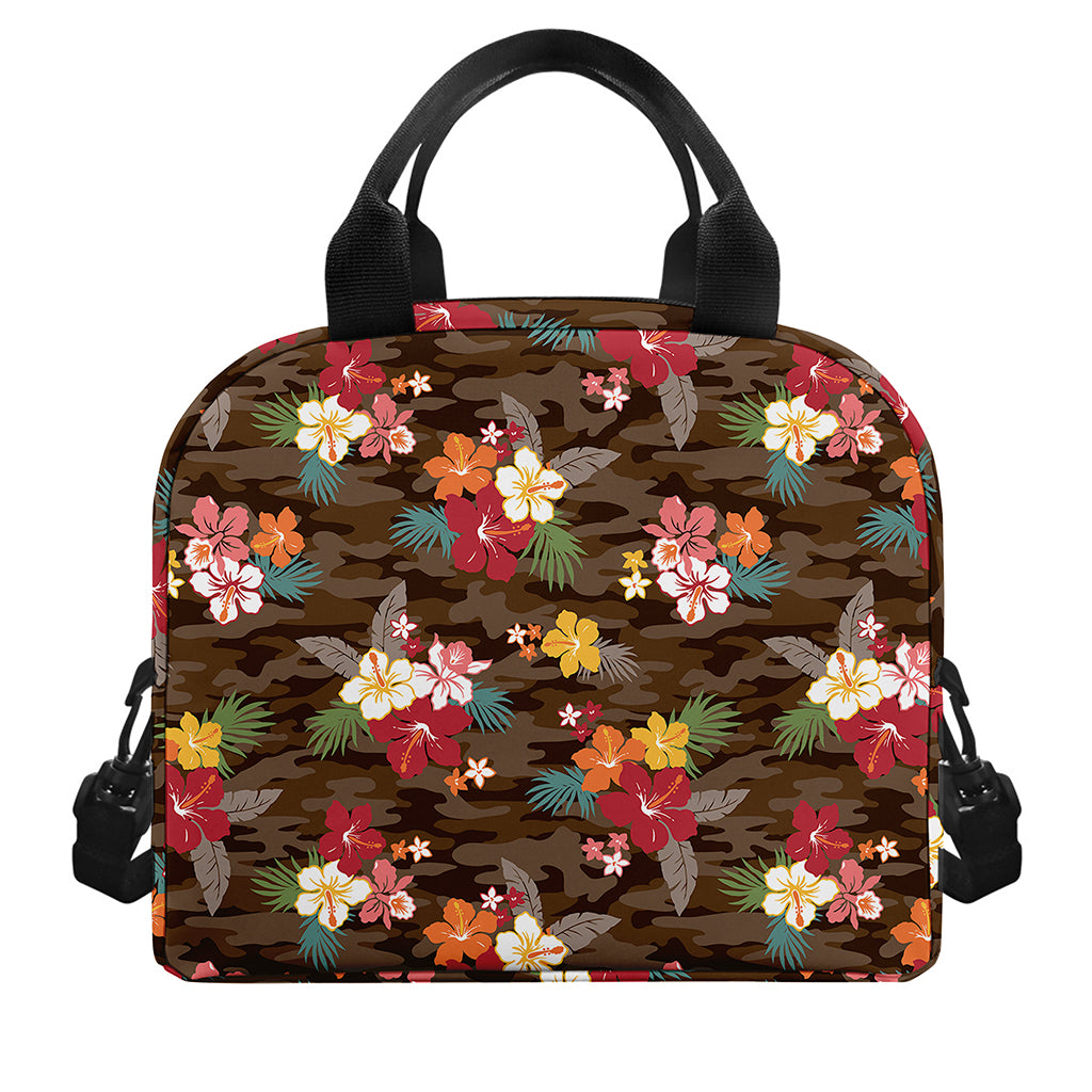 Brown Camo Hibiscus Flower Print Insulated Lunch Bag