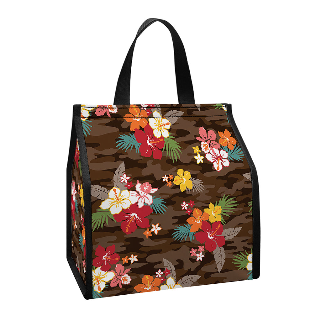 Brown Camo Hibiscus Flower Print Insulated Lunch Tote