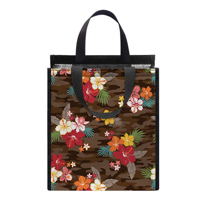 Brown Camo Hibiscus Flower Print Insulated Lunch Tote