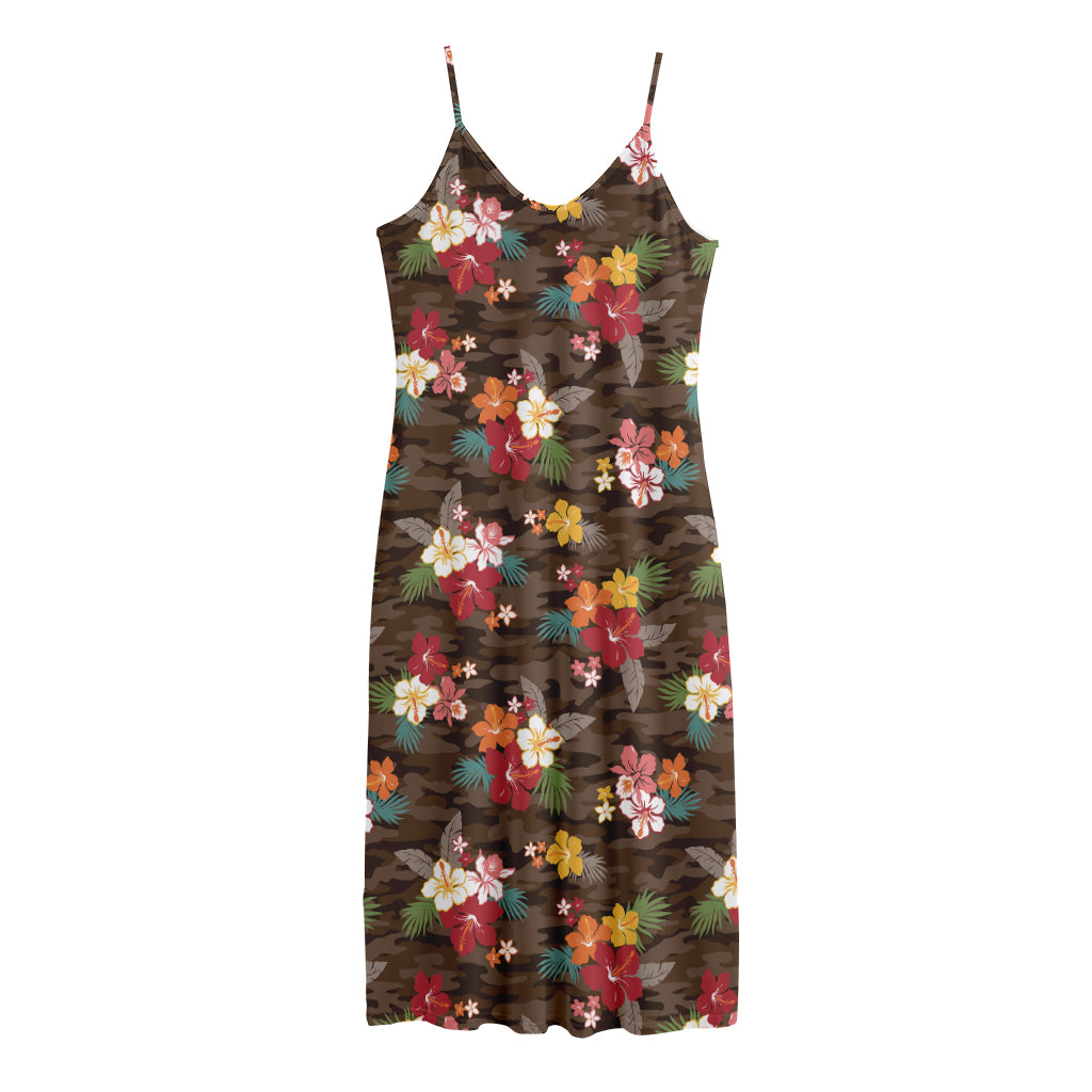 Brown Camo Hibiscus Flower Print Jersey Midi Cami Dress