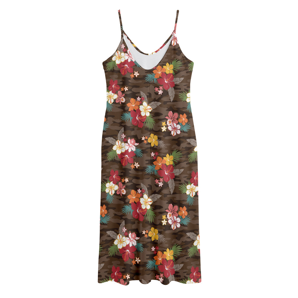 Brown Camo Hibiscus Flower Print Jersey Midi Cami Dress