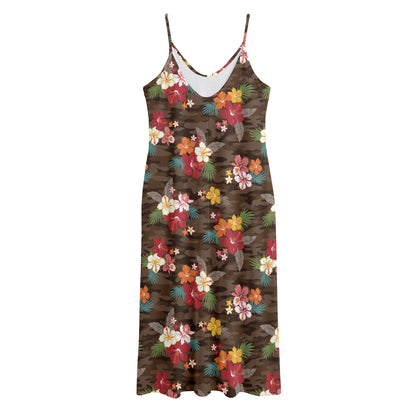 Brown Camo Hibiscus Flower Print Jersey Midi Cami Dress