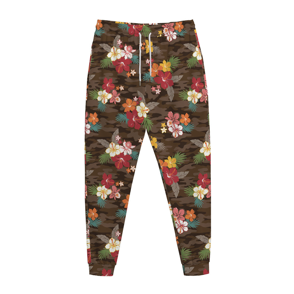 Brown Camo Hibiscus Flower Print Jogger Pants