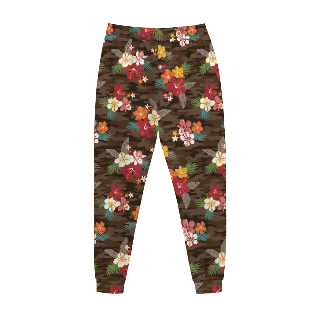 Brown Camo Hibiscus Flower Print Jogger Pants