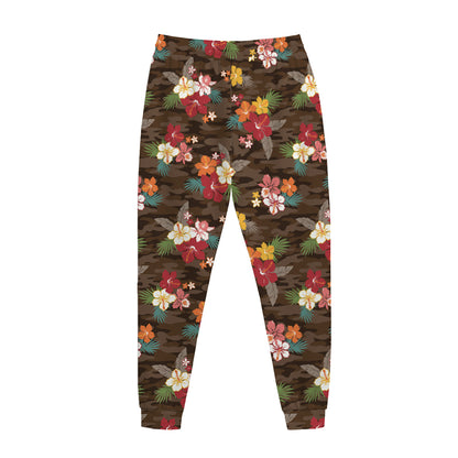 Brown Camo Hibiscus Flower Print Jogger Pants