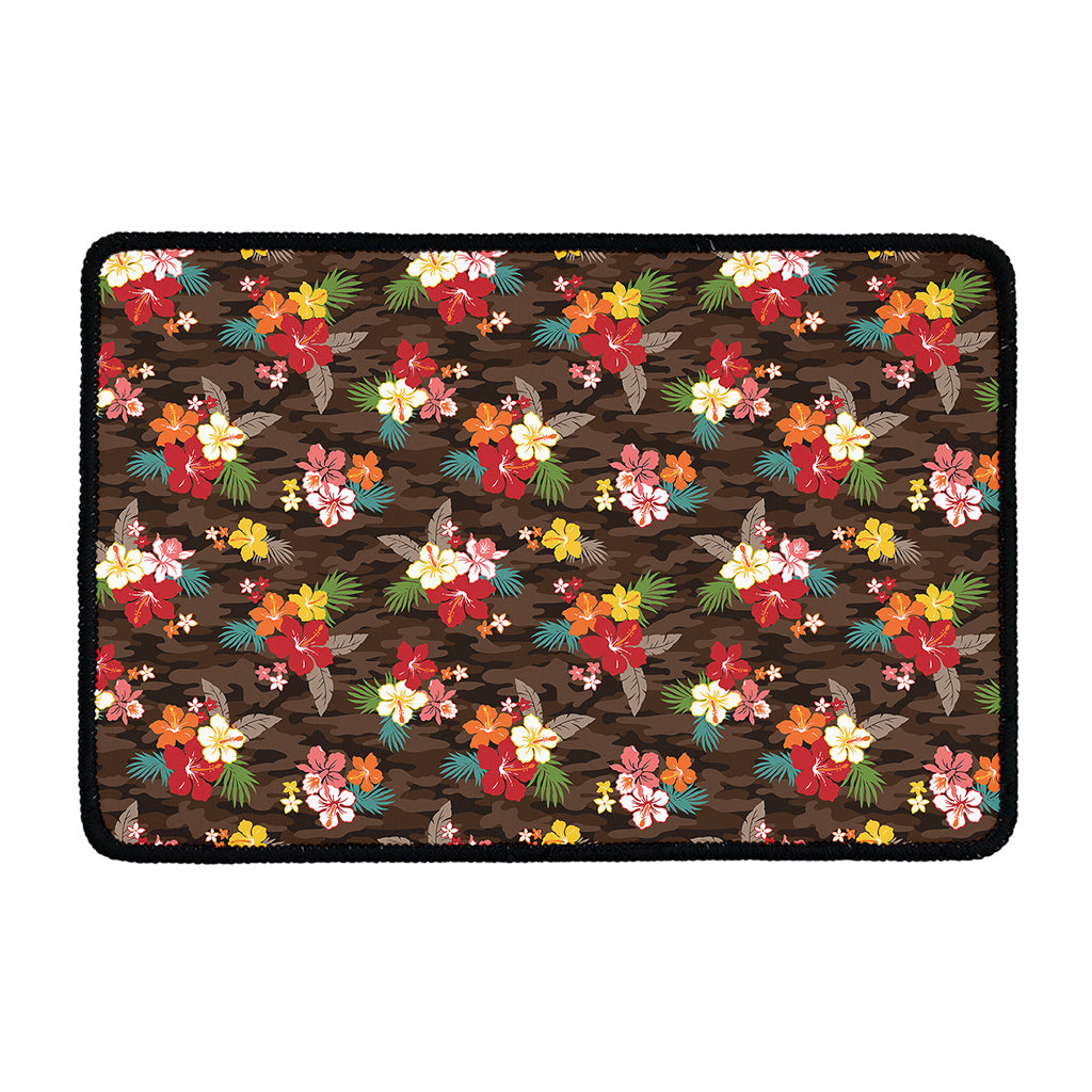 Brown Camo Hibiscus Flower Print Kitchen Mat