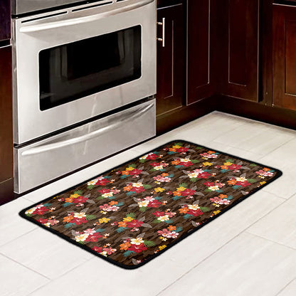 Brown Camo Hibiscus Flower Print Kitchen Mat