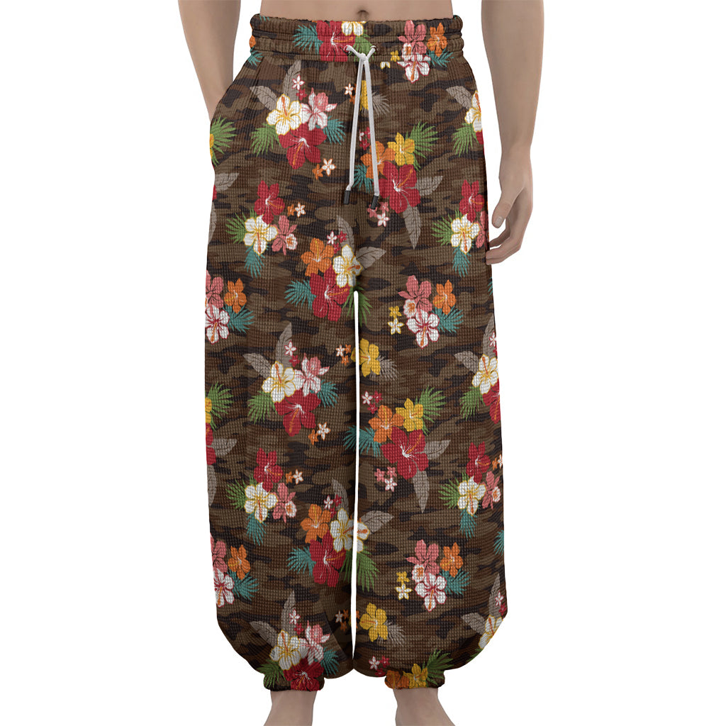 Brown Camo Hibiscus Flower Print Lantern Pants