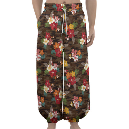 Brown Camo Hibiscus Flower Print Lantern Pants