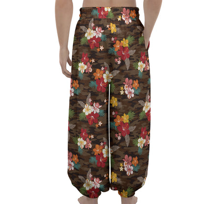 Brown Camo Hibiscus Flower Print Lantern Pants