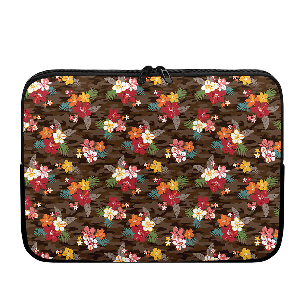 Brown Camo Hibiscus Flower Print Laptop Sleeve