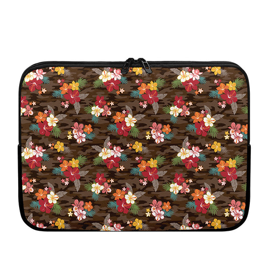 Brown Camo Hibiscus Flower Print Laptop Sleeve