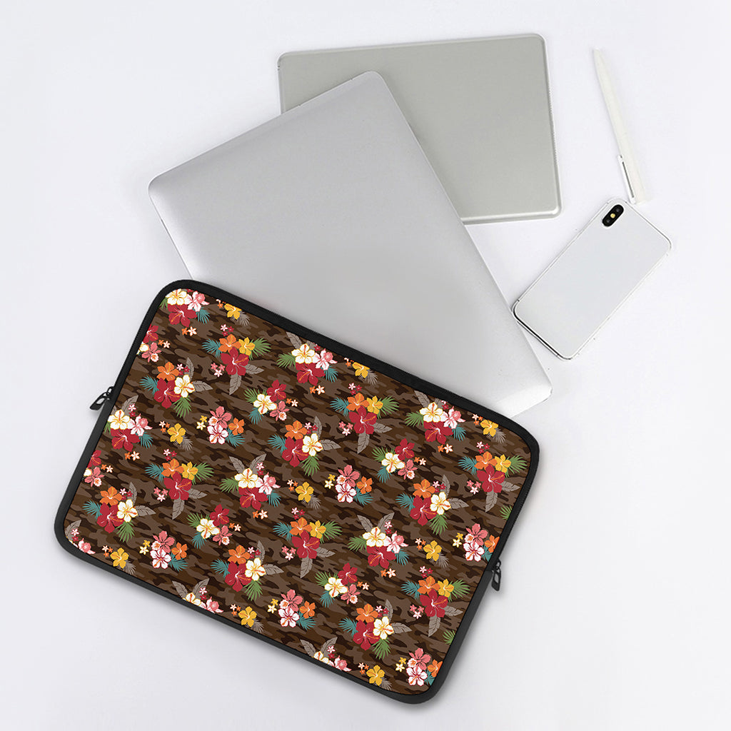 Brown Camo Hibiscus Flower Print Laptop Sleeve