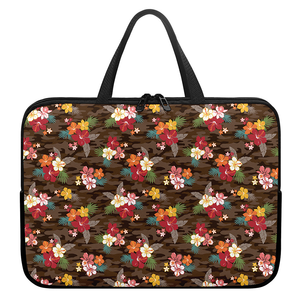 Brown Camo Hibiscus Flower Print Laptop Sleeve With Handle