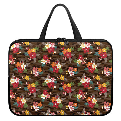 Brown Camo Hibiscus Flower Print Laptop Sleeve With Handle