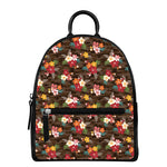 Brown Camo Hibiscus Flower Print Leather Backpack