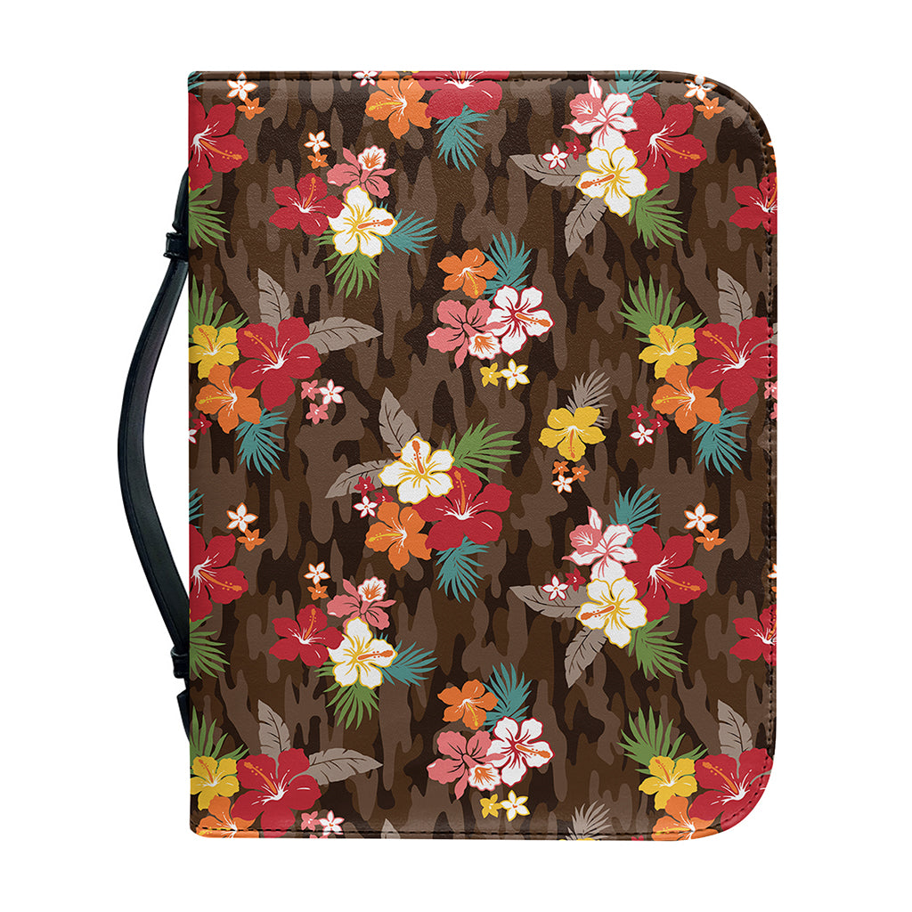 Brown Camo Hibiscus Flower Print Leather Bible Cover