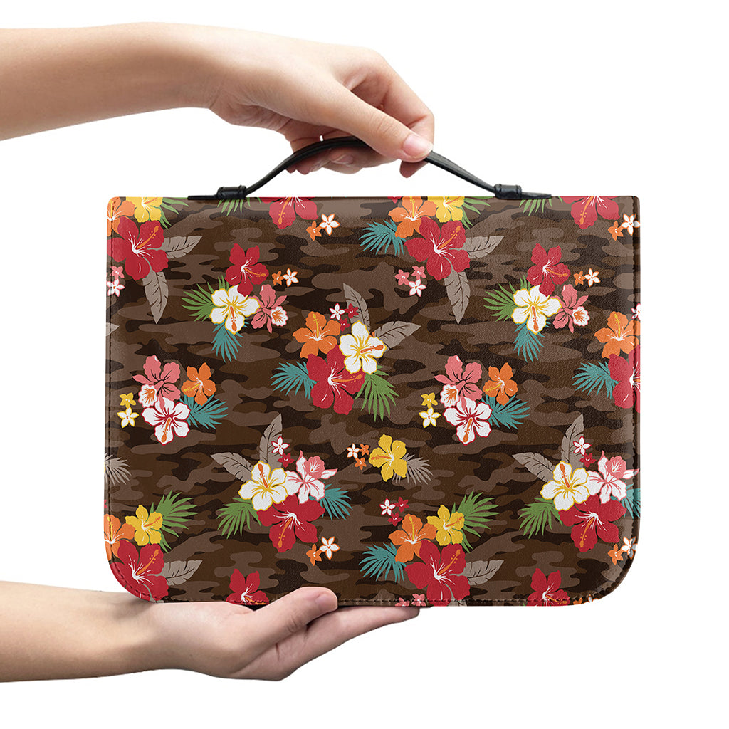 Brown Camo Hibiscus Flower Print Leather Bible Cover