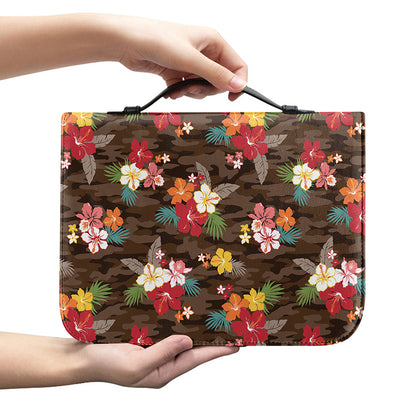 Brown Camo Hibiscus Flower Print Leather Bible Cover