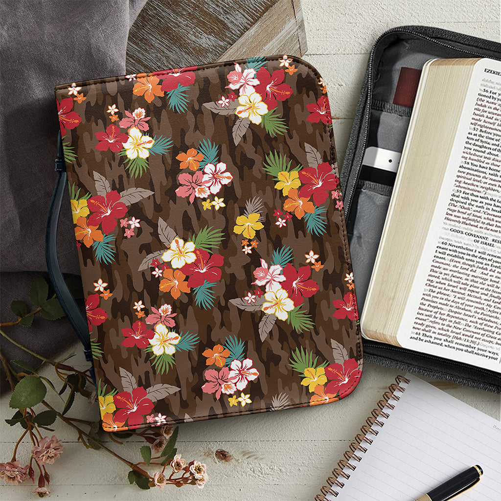 Brown Camo Hibiscus Flower Print Leather Bible Cover