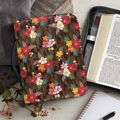 Brown Camo Hibiscus Flower Print Leather Bible Cover