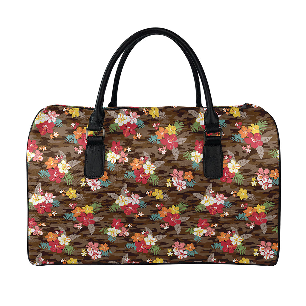 Brown Camo Hibiscus Flower Print Leather Duffle Bag