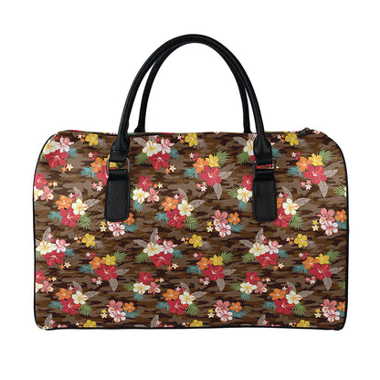 Brown Camo Hibiscus Flower Print Leather Duffle Bag