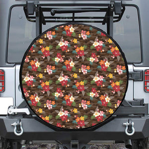 Brown Camo Hibiscus Flower Print Leather Spare Tire Cover