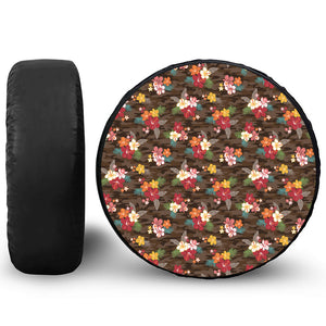 Brown Camo Hibiscus Flower Print Leather Spare Tire Cover