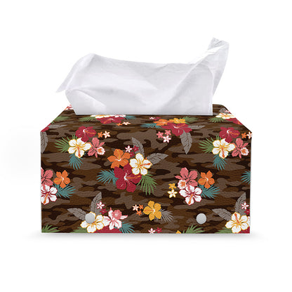 Brown Camo Hibiscus Flower Print Leather Tissue Box Cover