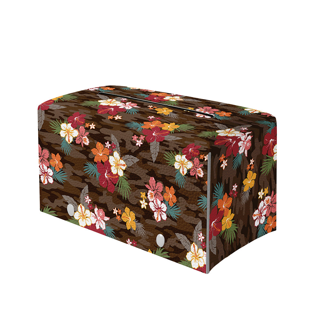 Brown Camo Hibiscus Flower Print Leather Tissue Box Cover