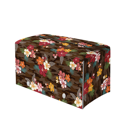 Brown Camo Hibiscus Flower Print Leather Tissue Box Cover