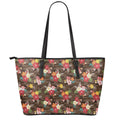 Brown Camo Hibiscus Flower Print Leather Tote Bag With Zipper