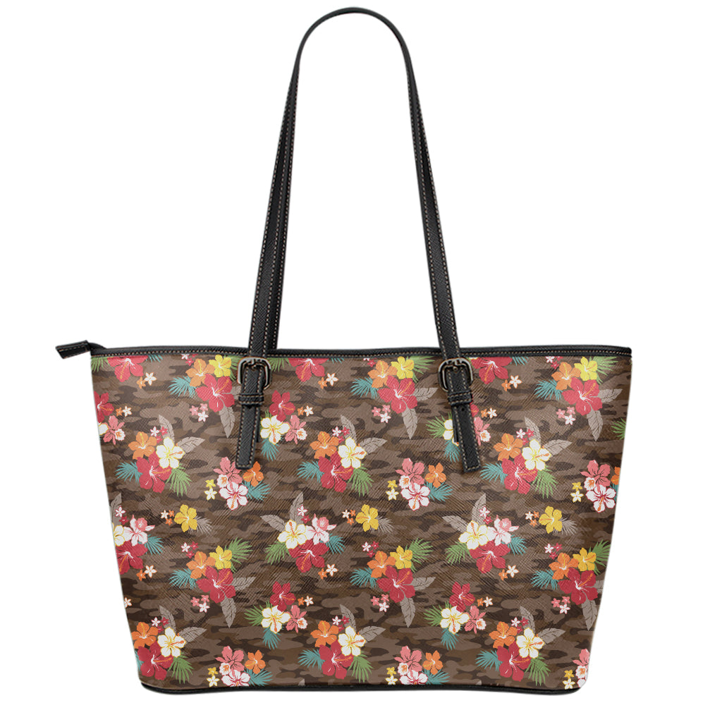 Brown Camo Hibiscus Flower Print Leather Tote Bag