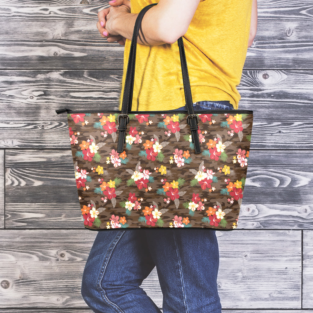 Brown Camo Hibiscus Flower Print Leather Tote Bag