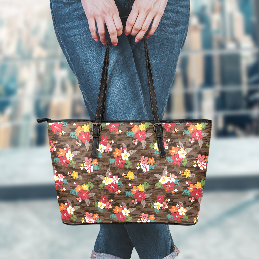 Brown Camo Hibiscus Flower Print Leather Tote Bag