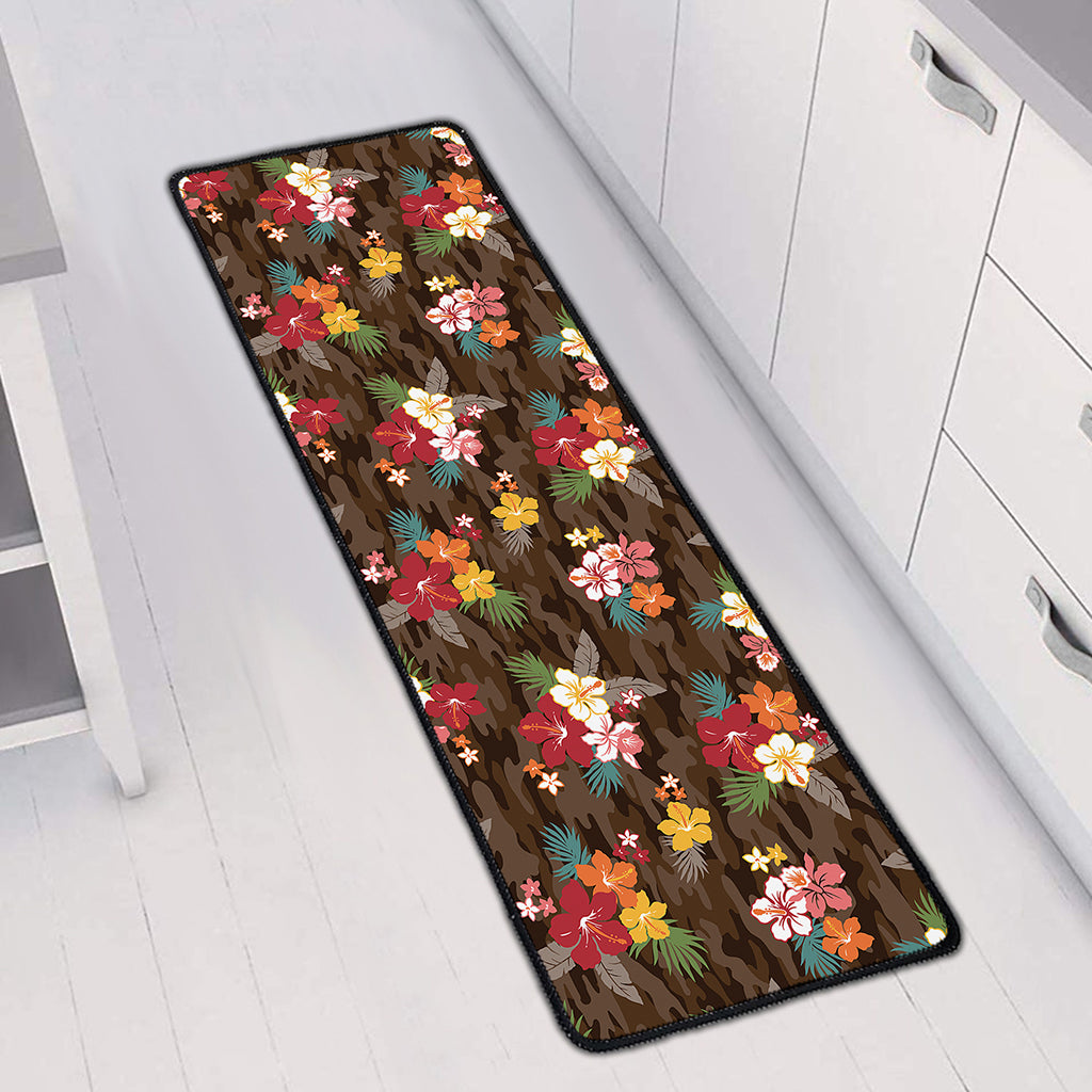 Brown Camo Hibiscus Flower Print Long Kitchen Mat
