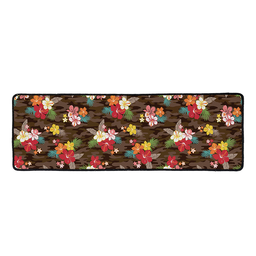 Brown Camo Hibiscus Flower Print Long Kitchen Mat