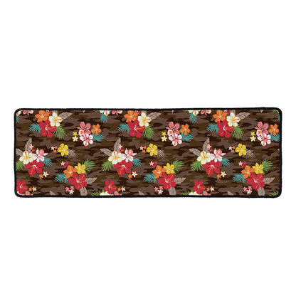 Brown Camo Hibiscus Flower Print Long Kitchen Mat