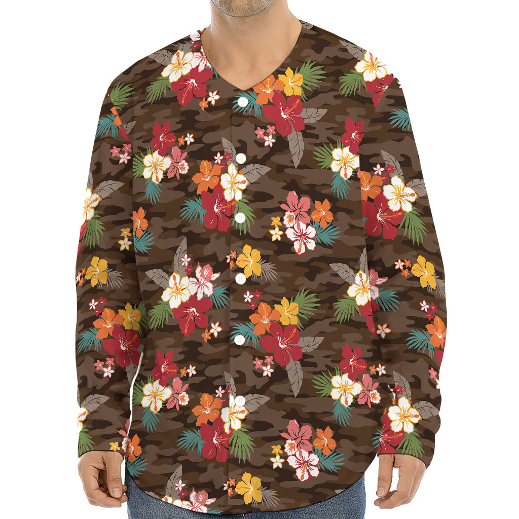 Brown Camo Hibiscus Flower Print Long Sleeve Baseball Jersey